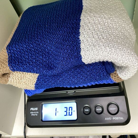 Chicos Striped Sweater 3/4 Sleeve Pullover Knit Blue White Tan Size XL 3 - Picture 8 of 8